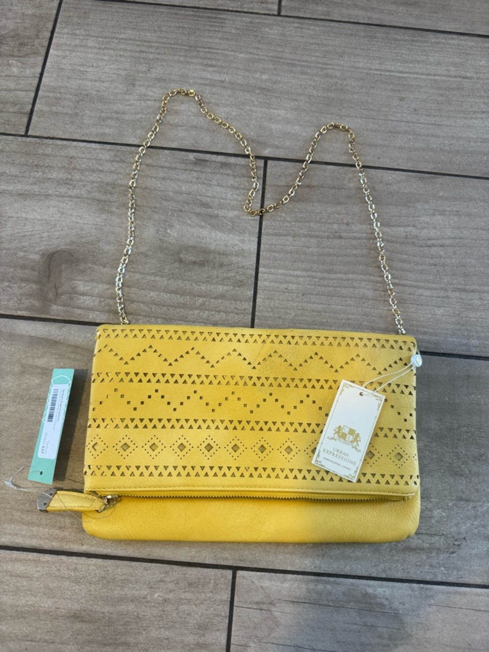NWT Urban Expressions Mischa Laser Cut Clutch Purse Yellow With Gold Chain Strap